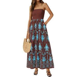PRETTYGARDEN Summer Dresses for Women 2026 Floral Patchwork Strapless Tube Long Flowy Dress Beach Vacation Clothes(Floral Brown Blue)