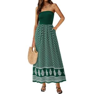 PRETTYGARDEN Summer Dresses for Women 2026 Floral Patchwork Strapless Tube Long Flowy Dress Beach Vacation Clothes(Floral Green White)