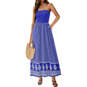 PRETTYGARDEN Summer Dresses for Women 2026 Floral Patchwork Strapless Tube Long Flowy Dress Beach Vacation Clothes(Floral Royal Blue White)