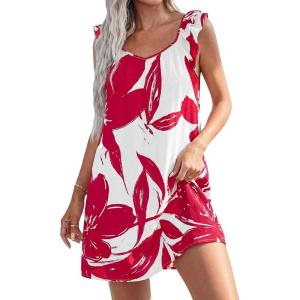 PRETTYGARDEN Sundresses for Women 2026 Boho Floral Summer Dresses Ruffle Cap Sleeve Short A Line Mini Beach Vacation Dress(White Red Floral)