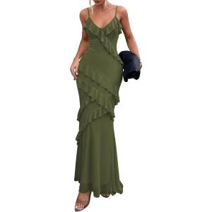 PRETTYGARDEN Women 2026 Wedding Guest Cocktail Maxi Dress Spaghetti Strap Sleeveless V Neck Bodycon Mesh Party Summer Outfits(Army Green)
