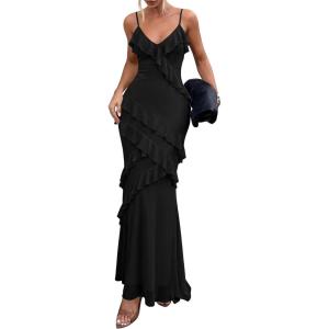 PRETTYGARDEN Women 2026 Wedding Guest Cocktail Maxi Dress Spaghetti Strap Sleeveless V Neck Bodycon Mesh Party Summer Outfits(Black)