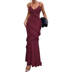 PRETTYGARDEN Women 2026 Wedding Guest Cocktail Maxi Dress Spaghetti Strap Sleeveless V Neck Bodycon Mesh Party Summer Outfits(Burgundy)