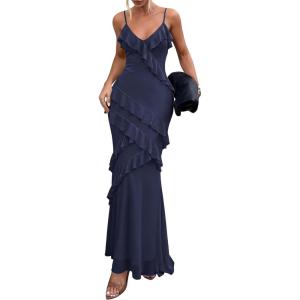 PRETTYGARDEN Women 2026 Wedding Guest Cocktail Maxi Dress Spaghetti Strap Sleeveless V Neck Bodycon Mesh Party Summer Outfits(Navy Blue)