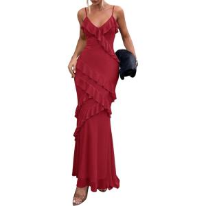 PRETTYGARDEN Women 2026 Wedding Guest Cocktail Maxi Dress Spaghetti Strap Sleeveless V Neck Bodycon Mesh Party Summer Outfits(Red)