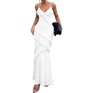 PRETTYGARDEN Women 2026 Wedding Guest Cocktail Maxi Dress Spaghetti Strap Sleeveless V Neck Bodycon Mesh Party Summer Outfits(White)