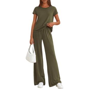 PRETTYGARDEN Women’s 2026 Summer 2 Piece Matching Lounge Sets Short Sleeve Shirts Tops Wide Leg Pants Travel Airport Outfits(Army Green)