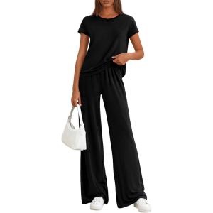 PRETTYGARDEN Women’s 2026 Summer 2 Piece Matching Lounge Sets Short Sleeve Shirts Tops Wide Leg Pants Travel Airport Outfits(Black)
