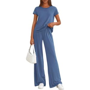 PRETTYGARDEN Women’s 2026 Summer 2 Piece Matching Lounge Sets Short Sleeve Shirts Tops Wide Leg Pants Travel Airport Outfits(Blue)
