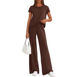 PRETTYGARDEN Women’s 2026 Summer 2 Piece Matching Lounge Sets Short Sleeve Shirts Tops Wide Leg Pants Travel Airport Outfits(Brown)