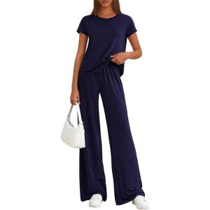 PRETTYGARDEN Women’s 2026 Summer 2 Piece Matching Lounge Sets Short Sleeve Shirts Tops Wide Leg Pants Travel Airport Outfits(Navy Blue)