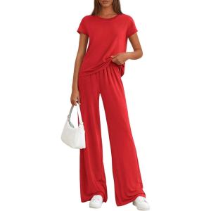 PRETTYGARDEN Women’s 2026 Summer 2 Piece Matching Lounge Sets Short Sleeve Shirts Tops Wide Leg Pants Travel Airport Outfits(Red)