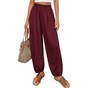 PRETTYGARDEN Womens 2026 Summer Casual Pants High Waisted Loose Wide Leg Palazzo Pockets Lounge Beach Travel Trousers Outfits(Burgundy)
