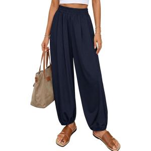 PRETTYGARDEN Womens 2026 Summer Casual Pants High Waisted Loose Wide Leg Palazzo Pockets Lounge Beach Travel Trousers Outfits(Navy Blue)
