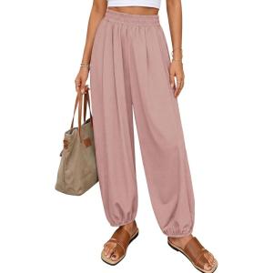 PRETTYGARDEN Womens 2026 Summer Casual Pants High Waisted Loose Wide Leg Palazzo Pockets Lounge Beach Travel Trousers Outfits(Pink)