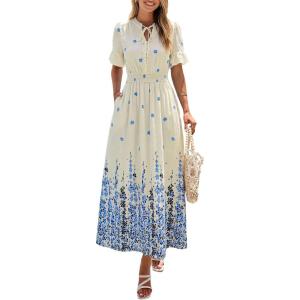 PRETTYGARDEN Women’s Boho Floral Maxi Dress Summer 2026 Short Sleeve Tie V Neck Spring Wedding Guest Flowy Beach Sun Dresses(Apricot Blue Floral)