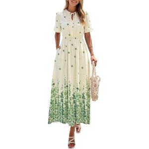 PRETTYGARDEN Women’s Boho Floral Maxi Dress Summer 2026 Short Sleeve Tie V Neck Spring Wedding Guest Flowy Beach Sun Dresses(Apricot Green Floral)