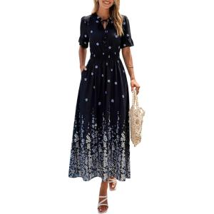 PRETTYGARDEN Women’s Boho Floral Maxi Dress Summer 2026 Short Sleeve Tie V Neck Spring Wedding Guest Flowy Beach Sun Dresses(Black White Floral)