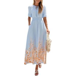 PRETTYGARDEN Women’s Boho Floral Maxi Dress Summer 2026 Short Sleeve Tie V Neck Spring Wedding Guest Flowy Beach Sun Dresses(Light Blue)