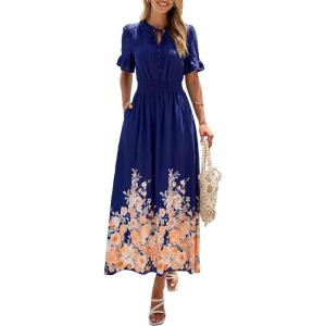 PRETTYGARDEN Women’s Boho Floral Maxi Dress Summer 2026 Short Sleeve Tie V Neck Spring Wedding Guest Flowy Beach Sun Dresses(Navy Blue)