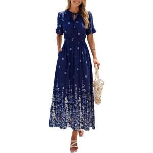 PRETTYGARDEN Women’s Boho Floral Maxi Dress Summer 2026 Short Sleeve Tie V Neck Spring Wedding Guest Flowy Beach Sun Dresses(Navy Blue White Floral)