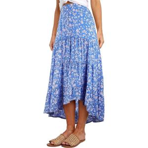 PRETTYGARDEN Women’s Ditzy Floral Print Midi Skirt Boho Elastic High Waist Long Skirts for Women Trendy High Low Hem(Blue)