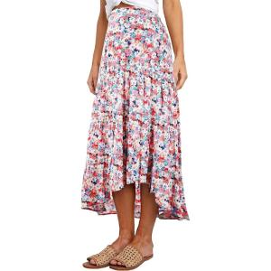 PRETTYGARDEN Women’s Ditzy Floral Print Midi Skirt Boho Elastic High Waist Long Skirts for Women Trendy High Low Hem(Blue Red)