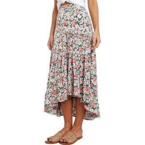 PRETTYGARDEN Women’s Ditzy Floral Print Midi Skirt Boho Elastic High Waist Long Skirts for Women Trendy High Low Hem(Floral Black)