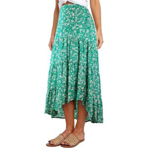 PRETTYGARDEN Women’s Ditzy Floral Print Midi Skirt Boho Elastic High Waist Long Skirts for Women Trendy High Low Hem(Green)
