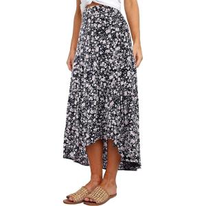 PRETTYGARDEN Women’s Ditzy Floral Print Midi Skirt Boho Elastic High Waist Long Skirts for Women Trendy High Low Hem(Navy)