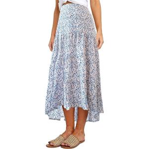 PRETTYGARDEN Women’s Ditzy Floral Print Midi Skirt Boho Elastic High Waist Long Skirts for Women Trendy High Low Hem(P-blue White)