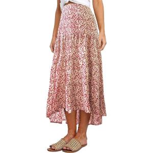 PRETTYGARDEN Women’s Ditzy Floral Print Midi Skirt Boho Elastic High Waist Long Skirts for Women Trendy High Low Hem(P-red White)