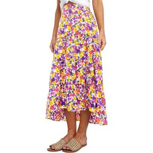 PRETTYGARDEN Women’s Ditzy Floral Print Midi Skirt Boho Elastic High Waist Long Skirts for Women Trendy High Low Hem(Q-white Purple)