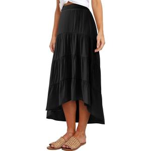 PRETTYGARDEN Women’s Ditzy Floral Print Midi Skirt Boho Elastic High Waist Long Skirts for Women Trendy High Low Hem(S-black)