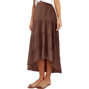 PRETTYGARDEN Women’s Ditzy Floral Print Midi Skirt Boho Elastic High Waist Long Skirts for Women Trendy High Low Hem(S-brown)