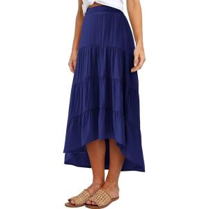 PRETTYGARDEN Women’s Ditzy Floral Print Midi Skirt Boho Elastic High Waist Long Skirts for Women Trendy High Low Hem(S-navy)