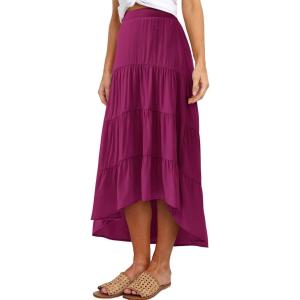 PRETTYGARDEN Women’s Ditzy Floral Print Midi Skirt Boho Elastic High Waist Long Skirts for Women Trendy High Low Hem(S-rose Red)