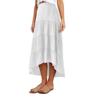 PRETTYGARDEN Women’s Ditzy Floral Print Midi Skirt Boho Elastic High Waist Long Skirts for Women Trendy High Low Hem(S-white)