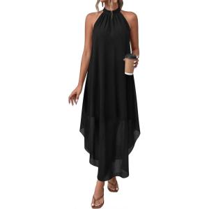 PRETTYGARDEN Womens Flowy Maxi Dresses Summer 2026 Halter Sleeveless Long Asymmetrical Spring Dress Beach Vacation Sundress(Black)