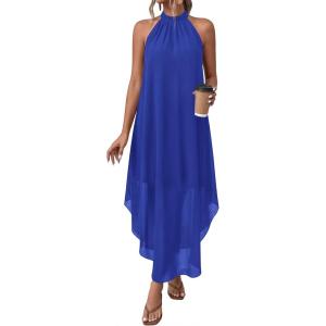 PRETTYGARDEN Womens Flowy Maxi Dresses Summer 2026 Halter Sleeveless Long Asymmetrical Spring Dress Beach Vacation Sundress(Blue)