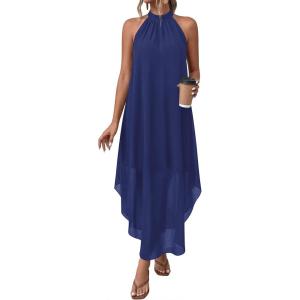 PRETTYGARDEN Womens Flowy Maxi Dresses Summer 2026 Halter Sleeveless Long Asymmetrical Spring Dress Beach Vacation Sundress(Dark Blue)