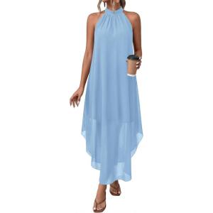 PRETTYGARDEN Womens Flowy Maxi Dresses Summer 2026 Halter Sleeveless Long Asymmetrical Spring Dress Beach Vacation Sundress(Light Blue)