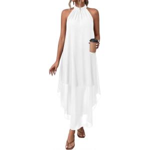 PRETTYGARDEN Womens Flowy Maxi Dresses Summer 2026 Halter Sleeveless Long Asymmetrical Spring Dress Beach Vacation Sundress(White)