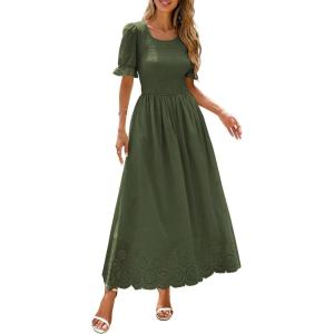 PRETTYGARDEN Women’s Maxi Smocked Eyelet Dress Summer 2026 Short Puff Sleeve Long Flowy Boho Beach Party Sun Dresses Pockets(Army Green)