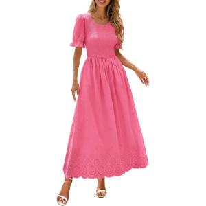 PRETTYGARDEN Women’s Maxi Smocked Eyelet Dress Summer 2026 Short Puff Sleeve Long Flowy Boho Beach Party Sun Dresses Pockets(Pink)