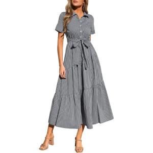 PRETTYGARDEN Women’s Summer Maxi Button Up Shirt Dress 2026 Short Sleeve Striped A Line Long Flowy Elegant Spring Dresses(Black Striped)