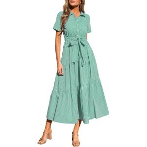 PRETTYGARDEN Women’s Summer Maxi Button Up Shirt Dress 2026 Short Sleeve Striped A Line Long Flowy Elegant Spring Dresses(Green Striped)