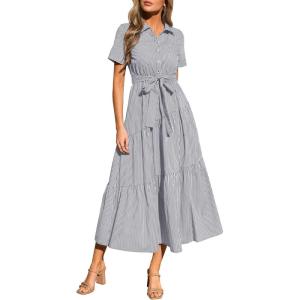 PRETTYGARDEN Women’s Summer Maxi Button Up Shirt Dress 2026 Short Sleeve Striped A Line Long Flowy Elegant Spring Dresses(Grey Striped)