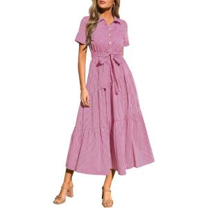 PRETTYGARDEN Women’s Summer Maxi Button Up Shirt Dress 2026 Short Sleeve Striped A Line Long Flowy Elegant Spring Dresses(Rose Red Striped)