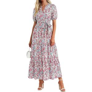 PRETTYGARDEN Women’s Summer Maxi Dresses Boho Floral Short Sleeve V Neck Casual Wedding Guest 2026 Beach Vacation Outfits(Floral Beige Multicolored)